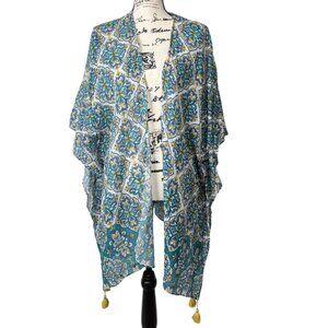 J. Jill Womens Kimono Ruana Cardigan Blue Green Floral Tassels One Size